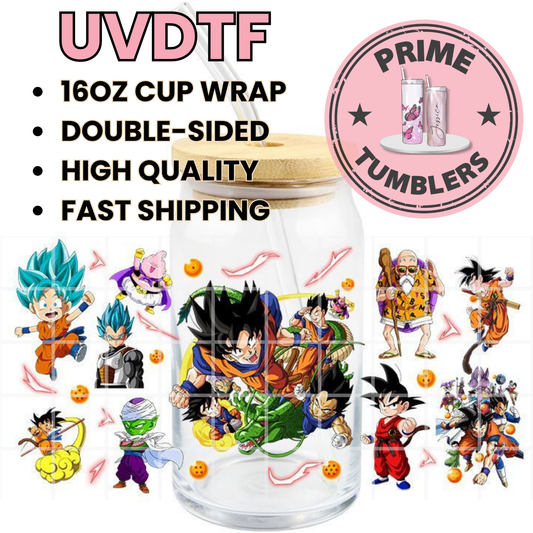 Dragon Ball Z DB Ready-to-press UVDTF Transfers, Cup wrap decals, Tumbler prints, 16oz Libbey Glass UV STICKERS Goku, Vegeta, Gohan, Piccolo, Master Roshi, Majin Buu, Dragon Balls and the dragon Shenron