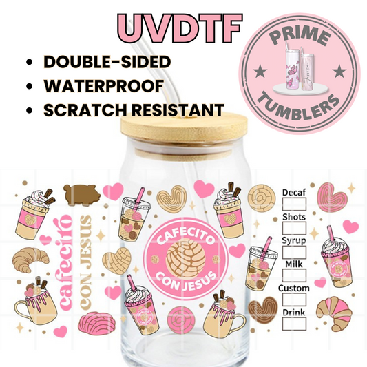 Cafecito con Jesus 16oz UVDTF cup wrap, ready to apply STICKERS