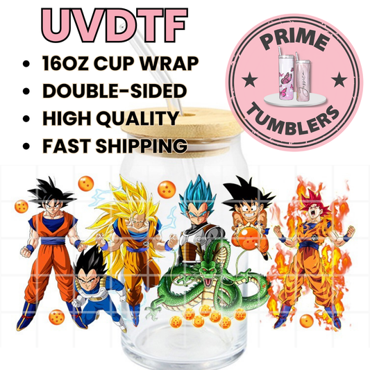 Dragon Ball Z fire Ready-to-press UVDTF Transfers, Cup wrap decals, Tumbler prints, 16oz Libbey Glass UV STICKERS Goku, Vegeta, dragon Shenron Balls Super Saiyan, Super Saiyan Blue, and Super Saiyan God Japanese Anime and Manga Series