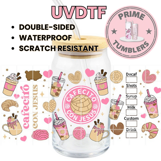 Cafecito con Jesus tan coffee 16oz UVDTF cup wrap, ready to apply STICKERS