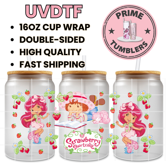 Strawberry Shortcake Berry Bitty Adventures 16oz Libbey Glass Cup Wrap UVDTF, Ready to apply decal STICKERS book strawberries and blossoms.
