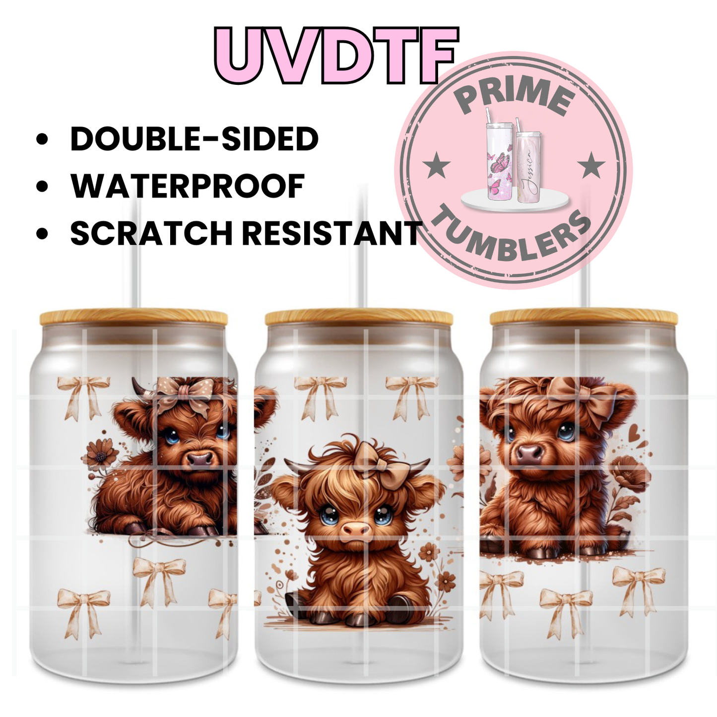 Highland Cow and BOWS 16oz UVDTF cup wrap, ready to apply STICKERS decal tan cows