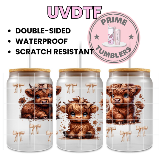Highland Cow and BOWS 16oz UVDTF cup wrap, ready to apply STICKERS decal tan cows