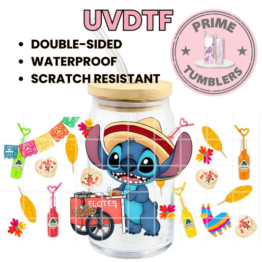 Disney's Stitch Mexican sombrero ELOTES 16oz Libbey Glass Cup Wrap UVDTF, Ready to apply decal STICKERS alien
