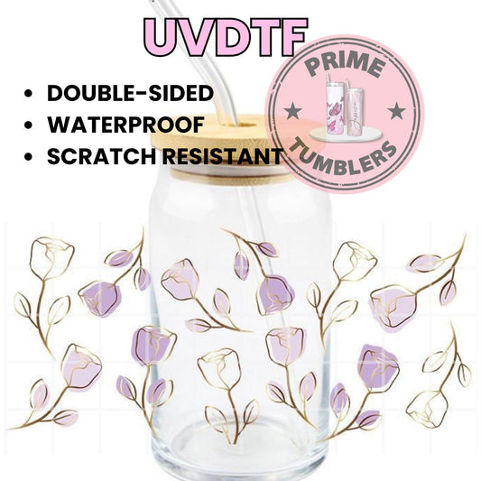 Purple and Gold roses 16oz UVDTF cup wrap, ready to apply STICKERS flower decal
