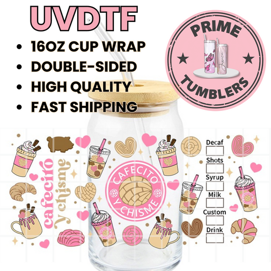 Cafecito y chisme tan coffee 16oz UVDTF cup wrap, ready to apply STICKERS
