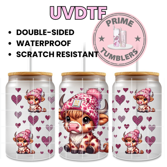 Highland Cow Pink beanie 16oz UVDTF cup wrap, ready to apply STICKERS decal cows hearts