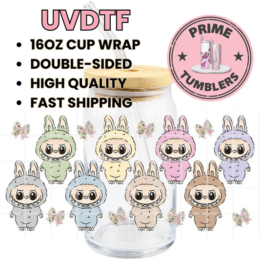 LABUBU cute BOWS 16oz Libbey Glass Cup Wrap UVDTF, Ready to apply decal STICKERS Labubus The Monsters
