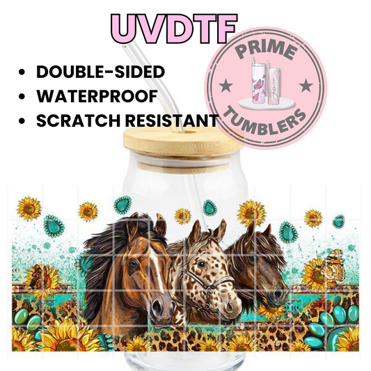 HORSES western 16oz UVDTF cup wrap, ready to apply STICKERS decal Sunflowers teal