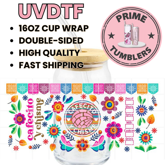 Cafecito y Chisme MEXICO colors 16oz UVDTF cup wrap, ready to apply STICKERS