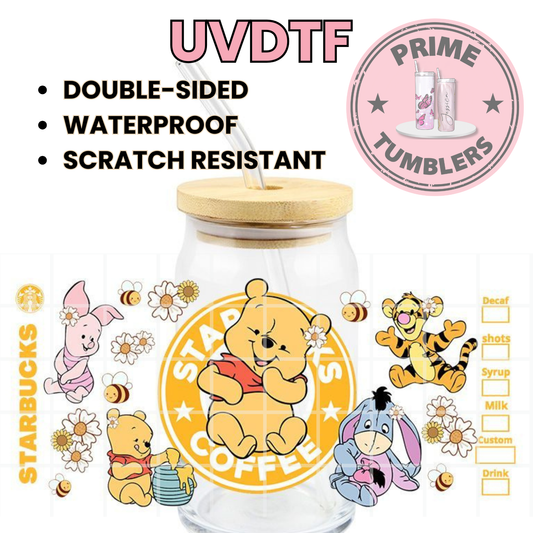 Disney’s Winnie the Pooh Bear and his friends Piglet, Tigger, and Eeyore 16oz Libbey Glass Cup Wrap UVDTF, Ready to apply decal STICKERS Walt Disney BABY