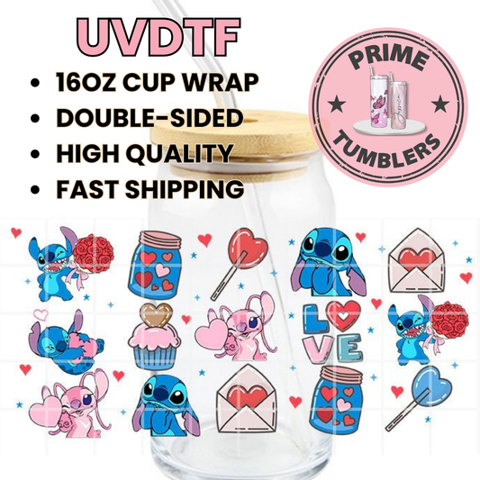 Disney Stitch and Angel LOVE message hearts 16oz Libbey Glass Cup Wrap UVDTF, Ready to apply decal STICKERS Valentine’s Day