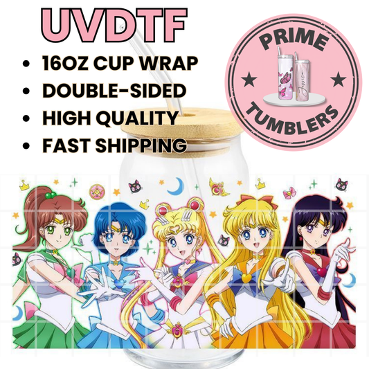 Sailor Moon Usagi Tsukino 16oz Libbey Glass Cup Wrap UVDTF, Ready to apply decal STICKERS Sailor Jupiter, Sailor Mercury, Sailor Moon, Sailor Venus, and Sailor Mars superheroines girls