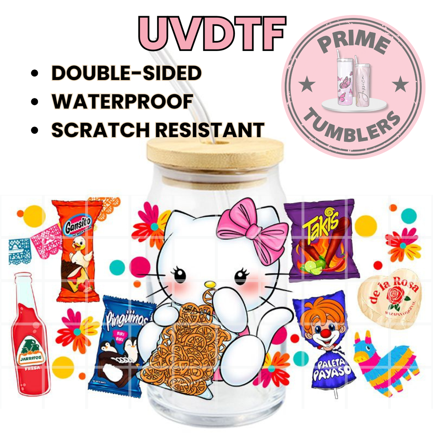 Hello Kitty Mexico snacks Candies 16oz UVDTF cup wrap, ready to apply STICKERS Sanrio HK Kawaii