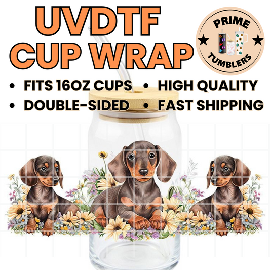 Dachshund Flowers 16oz UVDTF cup wrap, ready to apply STICKERS Dogs