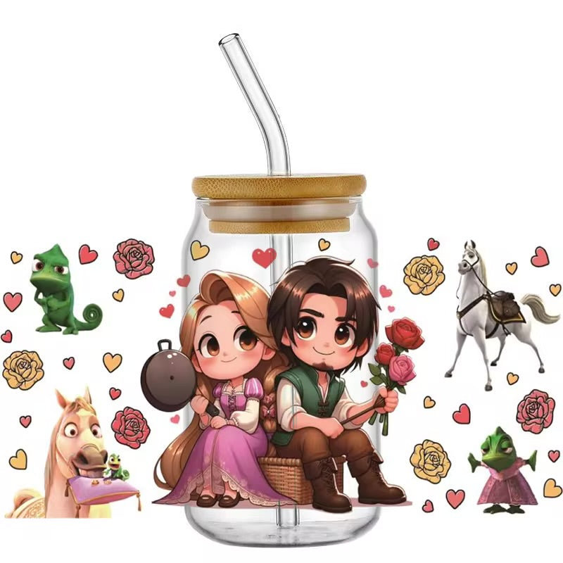 Disney movie Tangled 16oz glass can UVDTF cup wrap, ready to apply STICKERS decal Rapunzel, Flynn Rider, Pascal, and Maximus Kawaii