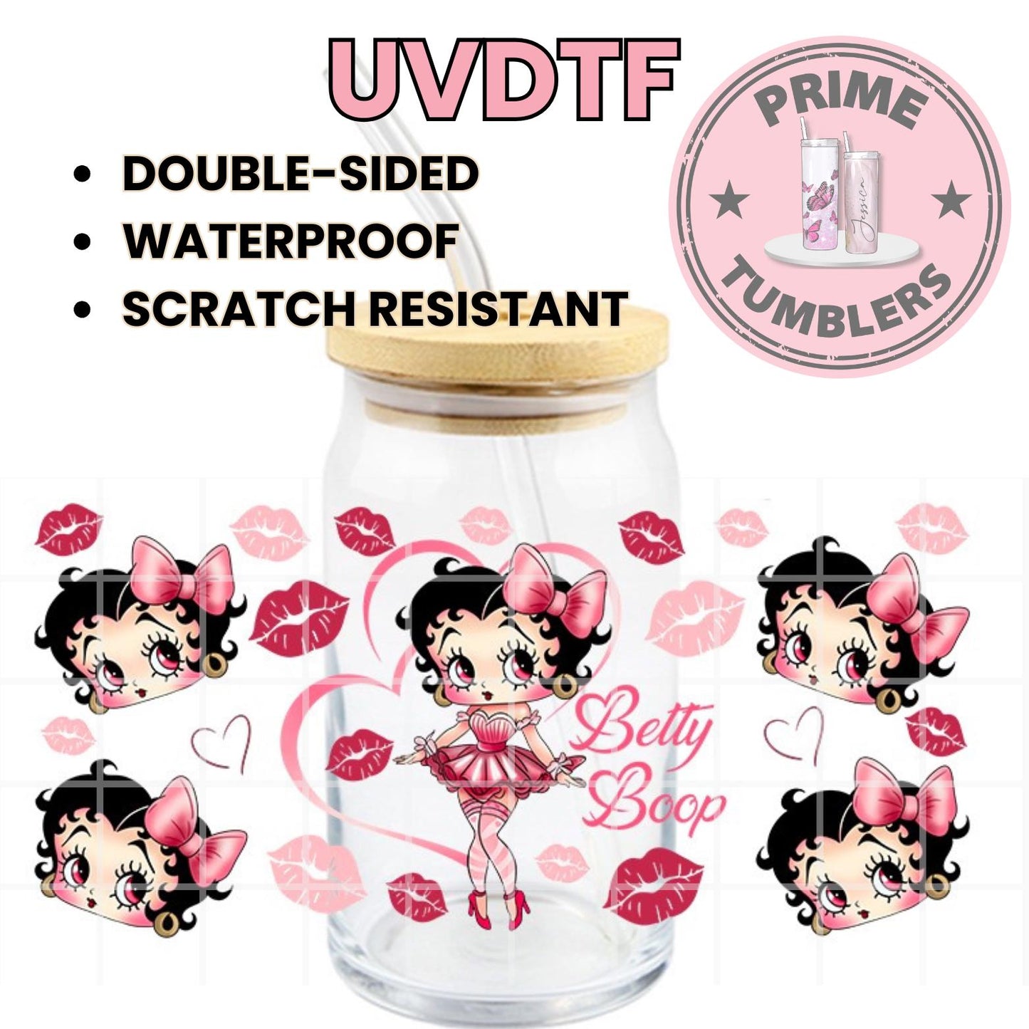 BETTY BOOP KISS pink Dress 16oz Libbey Glass Cup Wrap UVDTF, Ready to apply decal STICKERS