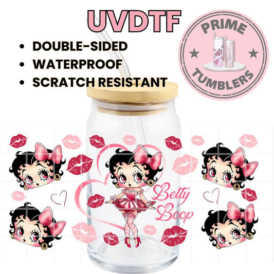 BETTY BOOP KISS pink Dress 16oz Libbey Glass Cup Wrap UVDTF, Ready to apply decal STICKERS