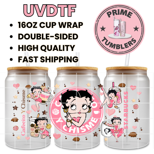 BP Betty Boop Cafecito y Chisme 16oz Libbey Glass Cup Wrap UVDTF, Ready to apply decal STICKERS Starbucks coffee