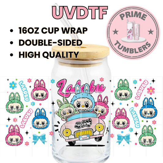 LABUBU car 16oz Libbey Glass Cup Wrap UVDTF, Ready to apply decal STICKERS Labubus aesthetic plush dolls The Monsters Pop Mart Exciting Macaron