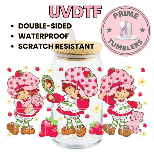 Strawberry Shortcake 16oz Libbey Glass Cup Wrap UVDTF, Ready to apply decal STICKERS strawberries flowers