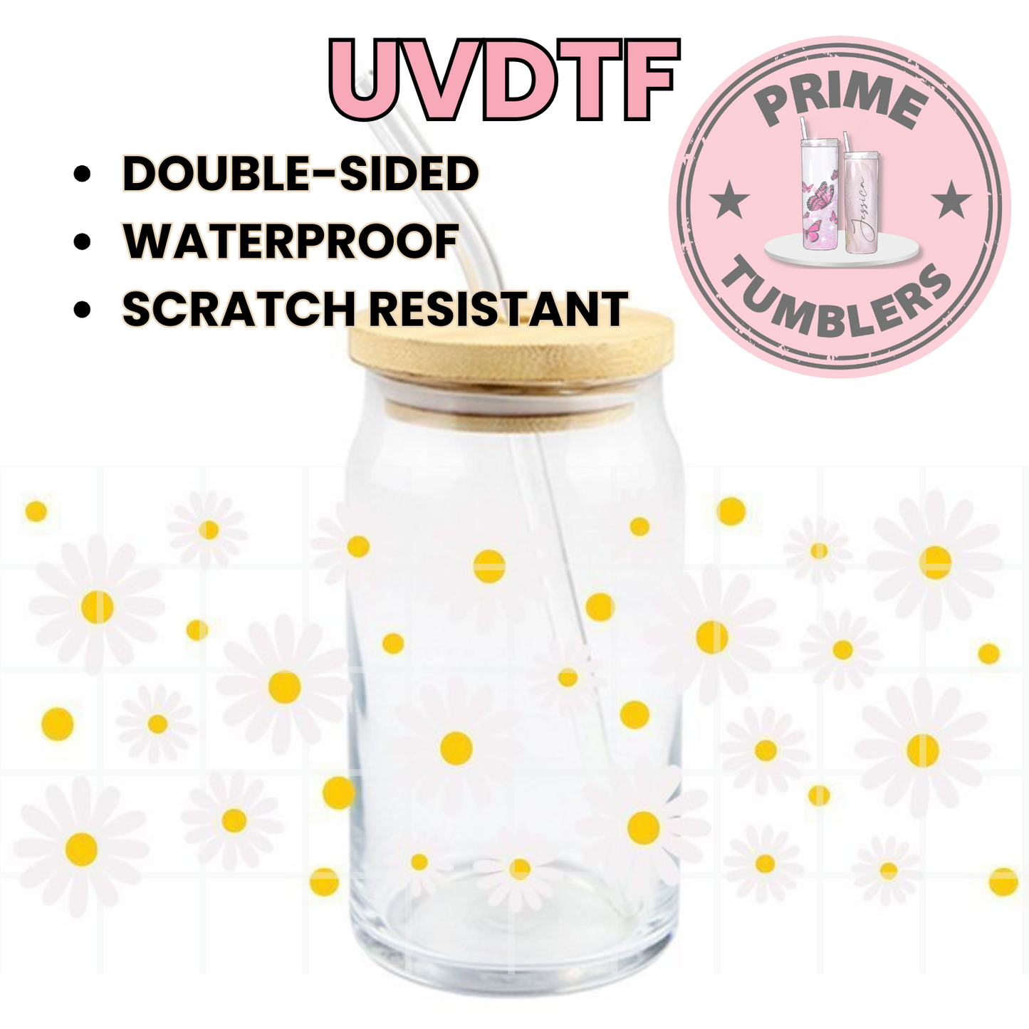 White DAISY flowers 16oz UVDTF cup wrap, ready to apply STICKERS flower yellow decal