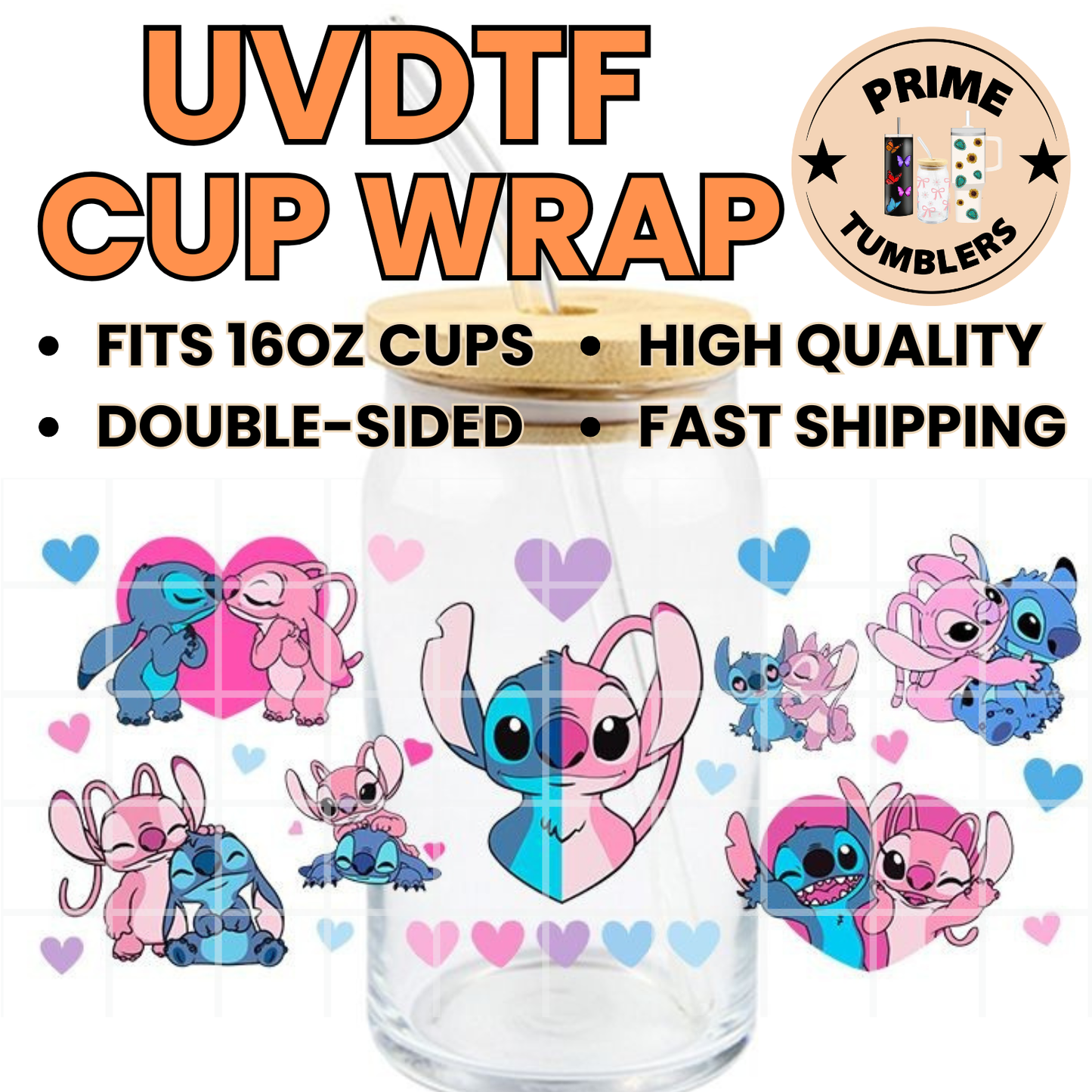 STITCH and Angel hearts from Disney's Lilo & Stitch 16oz Libbey Glass Cup Wrap UVDTF, Ready to apply decal STICKERS LOVE
