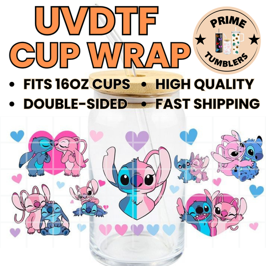 STITCH and Angel hearts from Disney's Lilo & Stitch 16oz Libbey Glass Cup Wrap UVDTF, Ready to apply decal STICKERS LOVE