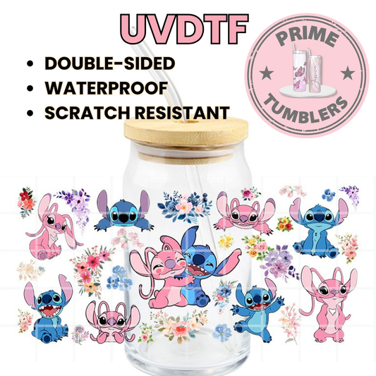 STITCH and Angel from Disney's Lilo & Stitch 16oz Libbey Glass Cup Wrap UVDTF, Ready to apply decal STICKERS