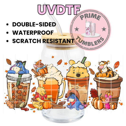 Disney’s Winnie the Pooh Bear and his friends piglet, Tigger, and Eeyore FALL 16oz Libbey Glass Cup Wrap UVDTF, Ready to apply decal STICKERS Walt Disney Hundred Acre Wood
