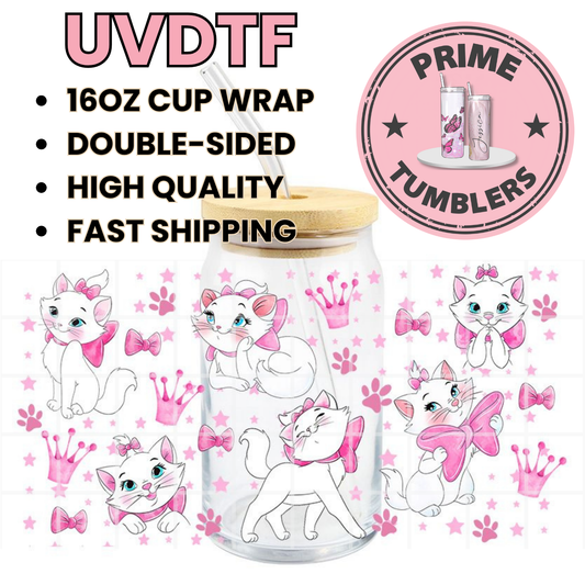 Marie Disney the Aristocats PINK bows crown 16oz UVDTF cup wrap, ready to apply STICKERS kitten Turkish Angora cat