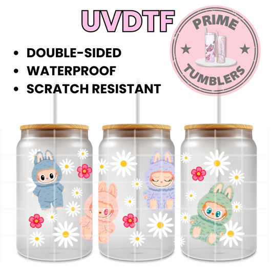 LABUBU Daisy flowers 16oz Libbey Glass Cup Wrap UVDTF, Ready to apply decal STICKERS Labubus aesthetic plush dolls The Monsters Pop Mart Kawaii