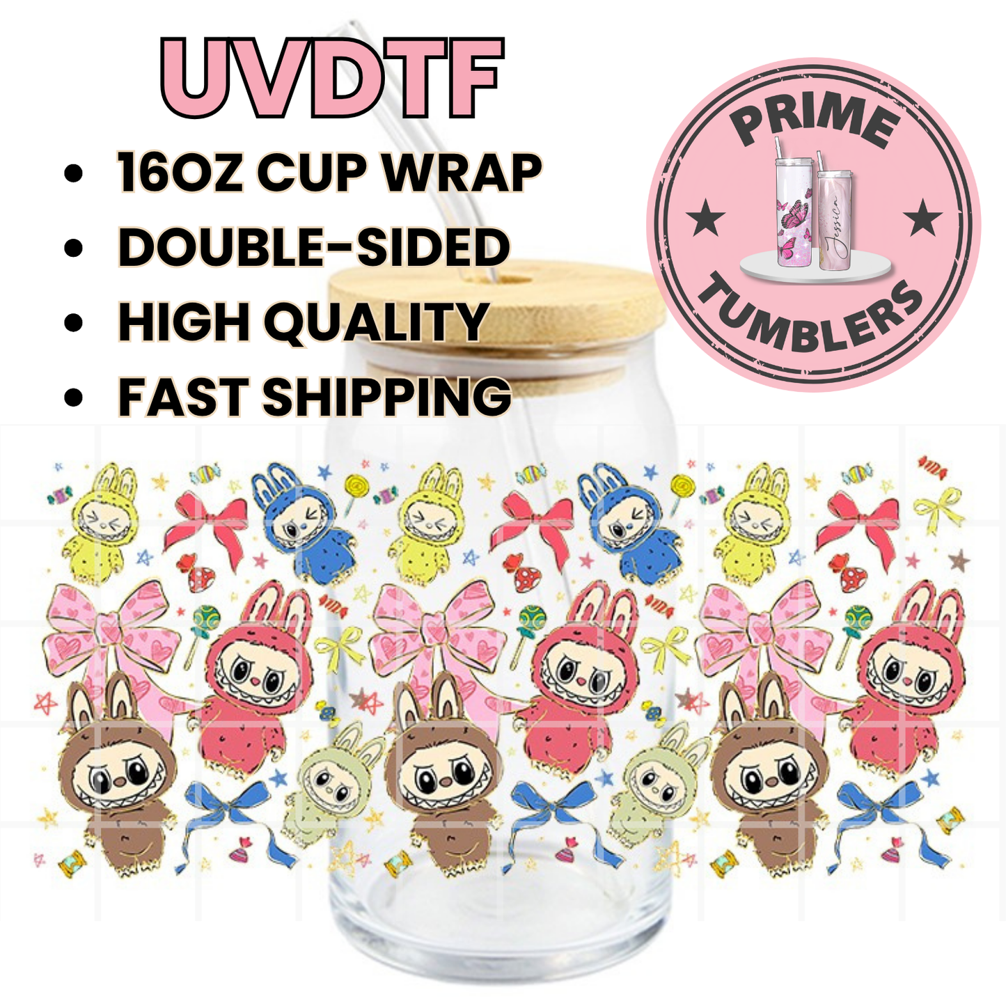 LABUBU candy and bows Kawaii 16oz UVDTF cup wrap, ready to apply STICKERS Disney