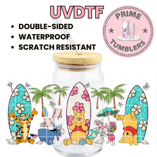 Disney’s Winnie the Pooh Bear and his friends piglet, Tigger, and Eeyore 16oz Libbey Glass Cup Wrap UVDTF, Ready to apply decal STICKERS Walt Disney Hundred Acre Wood hunny beach summer