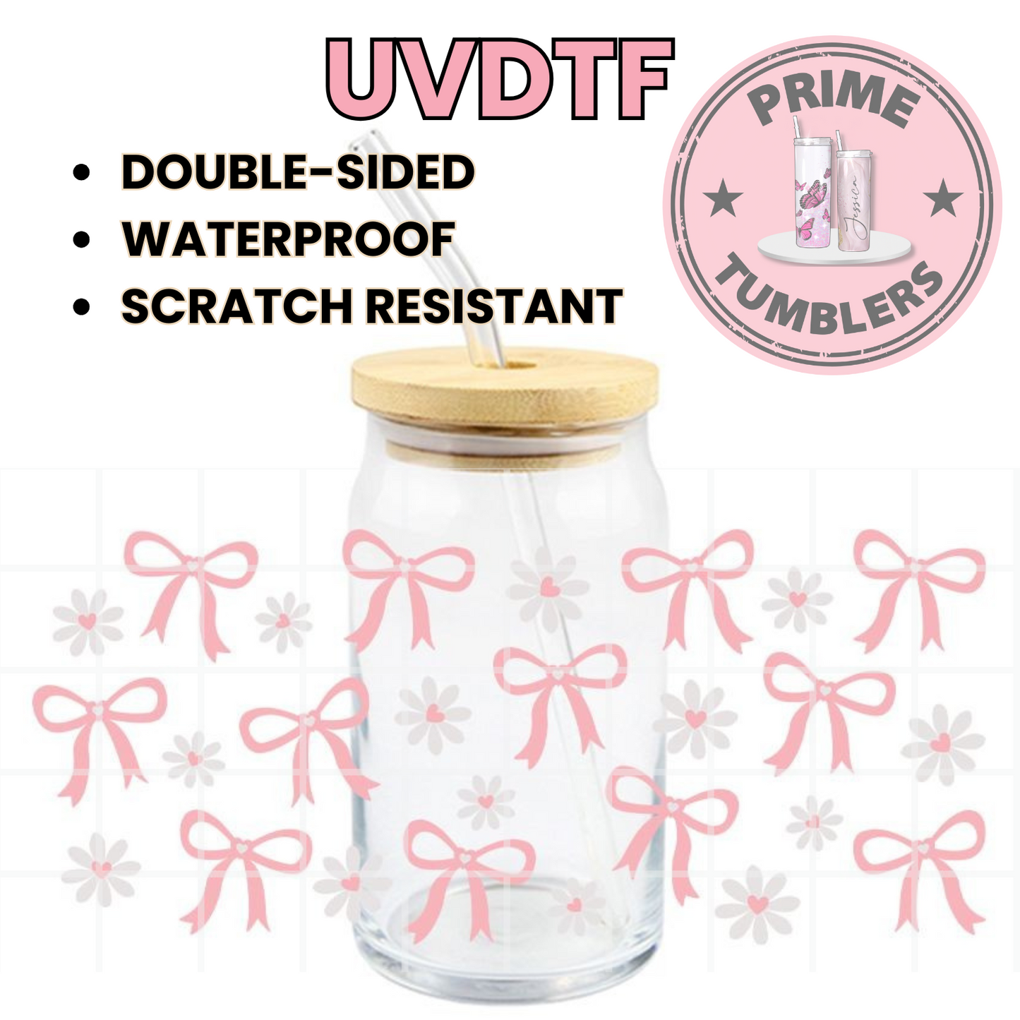 COQUETTE Bows 16oz UVDTF cup wrap, ready to apply STICKERS pink