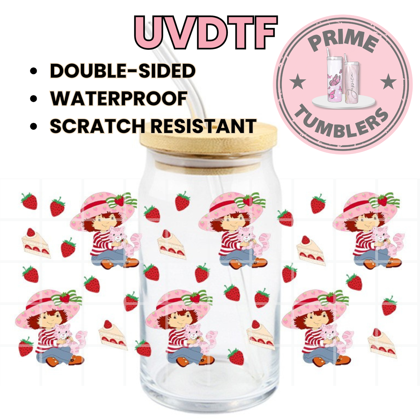 Strawberry Shortcake cakes 16oz Libbey Glass Cup Wrap UVDTF, Ready to apply decal STICKERS strawberries