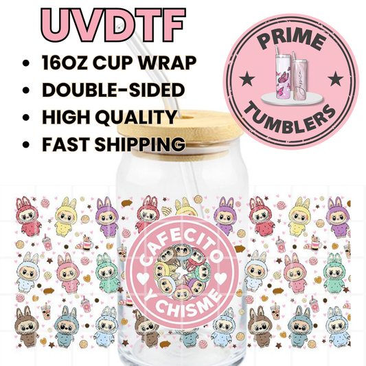 CAFECITO y Chisme LABUBU 16oz Libbey Glass Cup Wrap UVDTF, Ready to apply decal STICKERS Labubus aesthetic plush dolls The Monsters Pop Mart