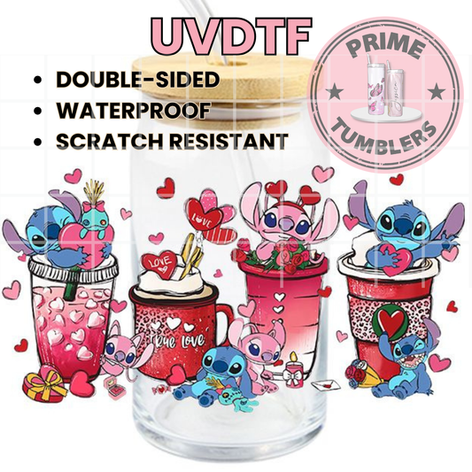 Stitch and Angel from Disney's Lilo & Stitch 16oz Libbey Glass Cup Wrap UVDTF, Ready to apply decal STICKERS Valentine’s Day LOVE