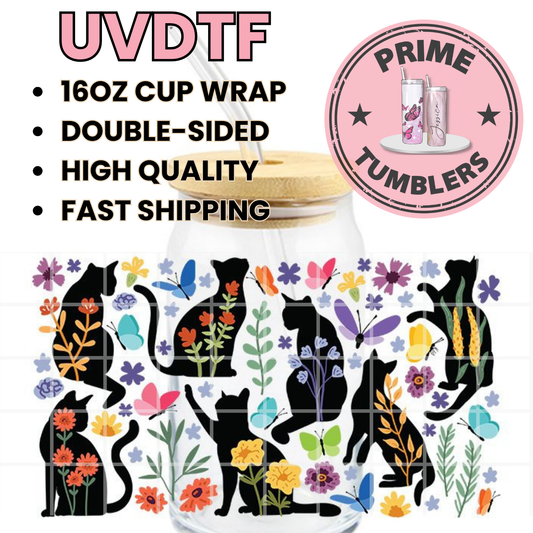 CATS black floral 16oz UVDTF cup wrap, ready to apply STICKERS decal flowers
