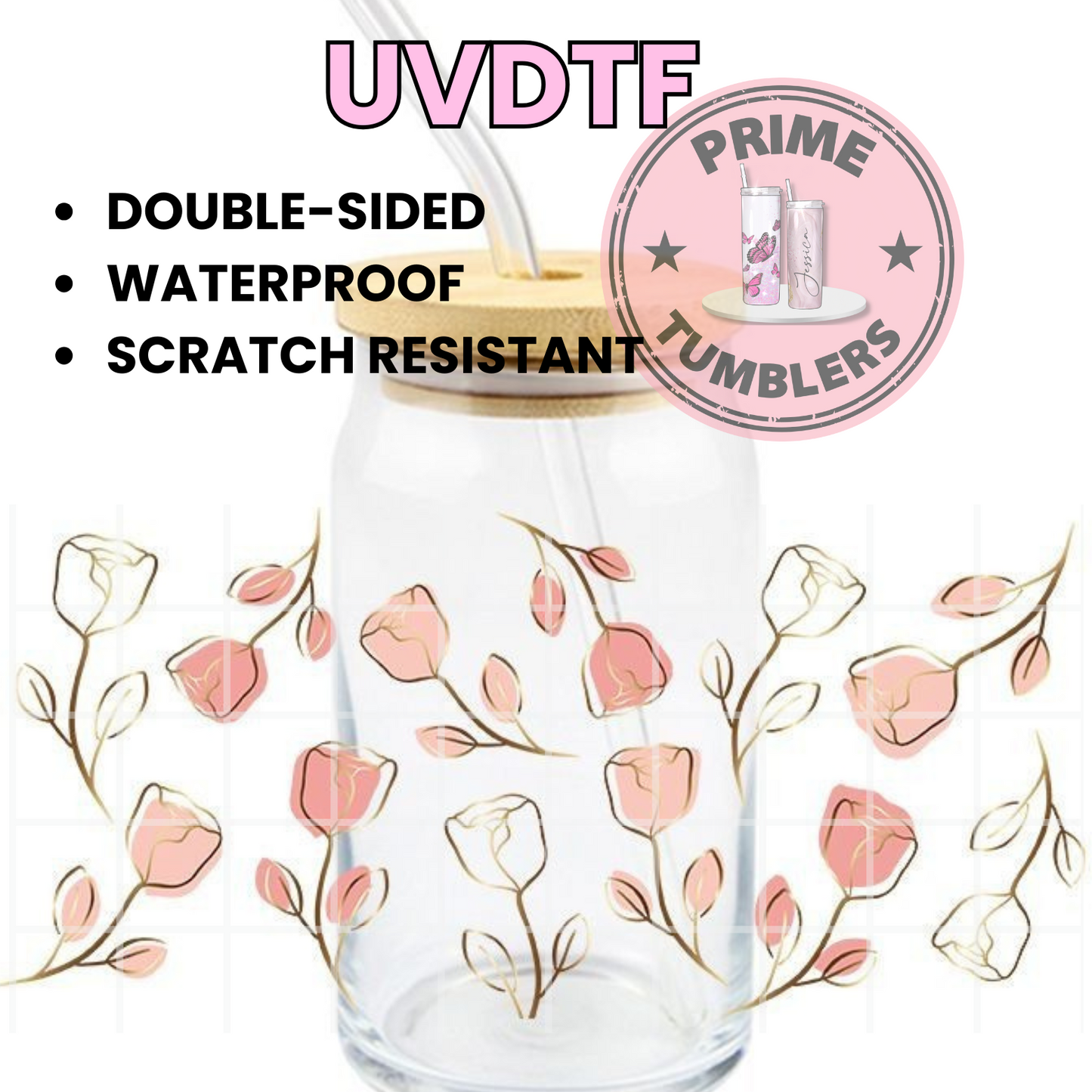 Coral pink Roses flowers 16oz UVDTF cup wrap, ready to apply STICKERS flower decal