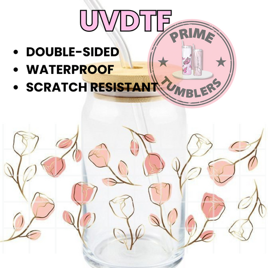 Coral pink Roses flowers 16oz UVDTF cup wrap, ready to apply STICKERS flower decal
