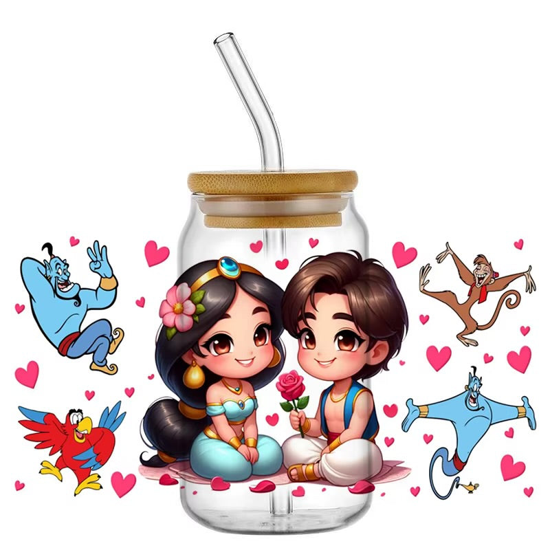 Disney movie Aladdin magic carpet 16oz UVDTF cup wrap, ready to apply STICKERS decals Princess Jasmine, Aladdin, Abu the monkey, and Genie Kawaii