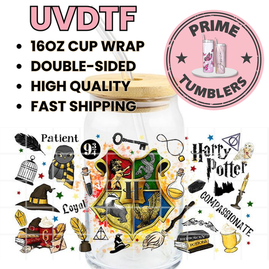 Harry Potter 16oz Libbey Glass Cup Wrap UVDTF, Ready to apply decal STICKERS Hogwart arms coat Gryffindor(lion) Hufflepuff(badger) Ravenclaw(eagle) and Slytherin(serpent) sorting hat, golden snitch, broomstick, quill, owl cage Patient Loyal Compassionate