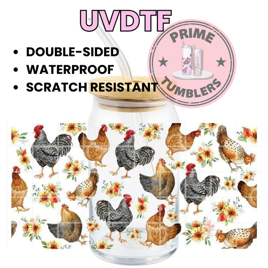 Farm CHICKENS 16oz UVDTF cup wrap, ready to apply STICKERS decal flowers