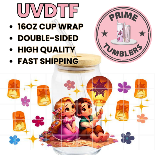Disney movie Tangled 16oz glass can UVDTF cup wrap, ready to apply STICKERS decal Rapunzel and Flynn Rider, flowers and floating lanterns