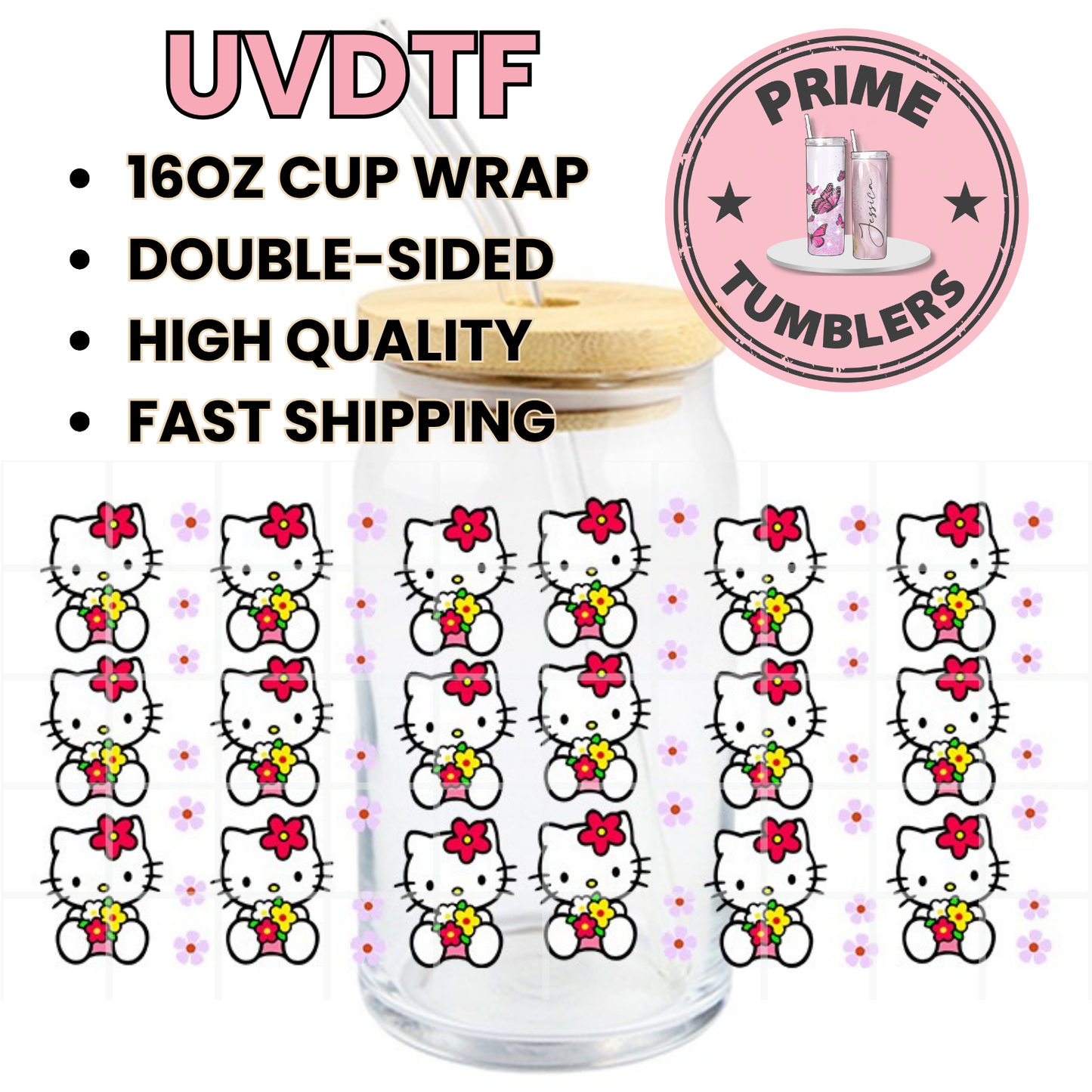 Hello Kitty small flowers 16oz UVDTF cup wrap, ready to apply STICKERS