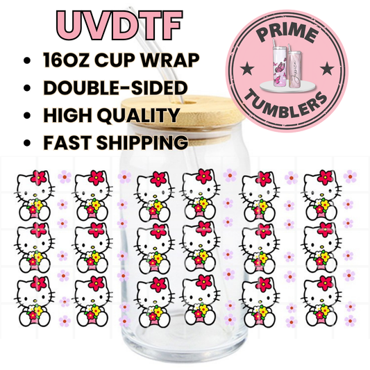 Hello Kitty small flowers 16oz UVDTF cup wrap, ready to apply STICKERS