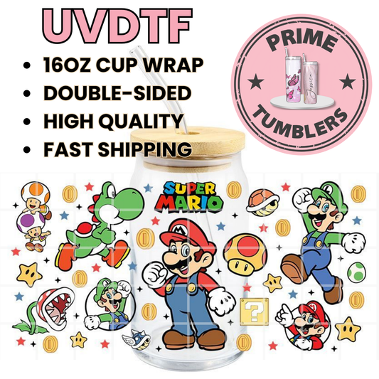 Super Mario, Luigi, Yoshi, Toad, and a Piranha Plant gaming 16oz UVDTF cup wrap, ready to apply STICKER decal