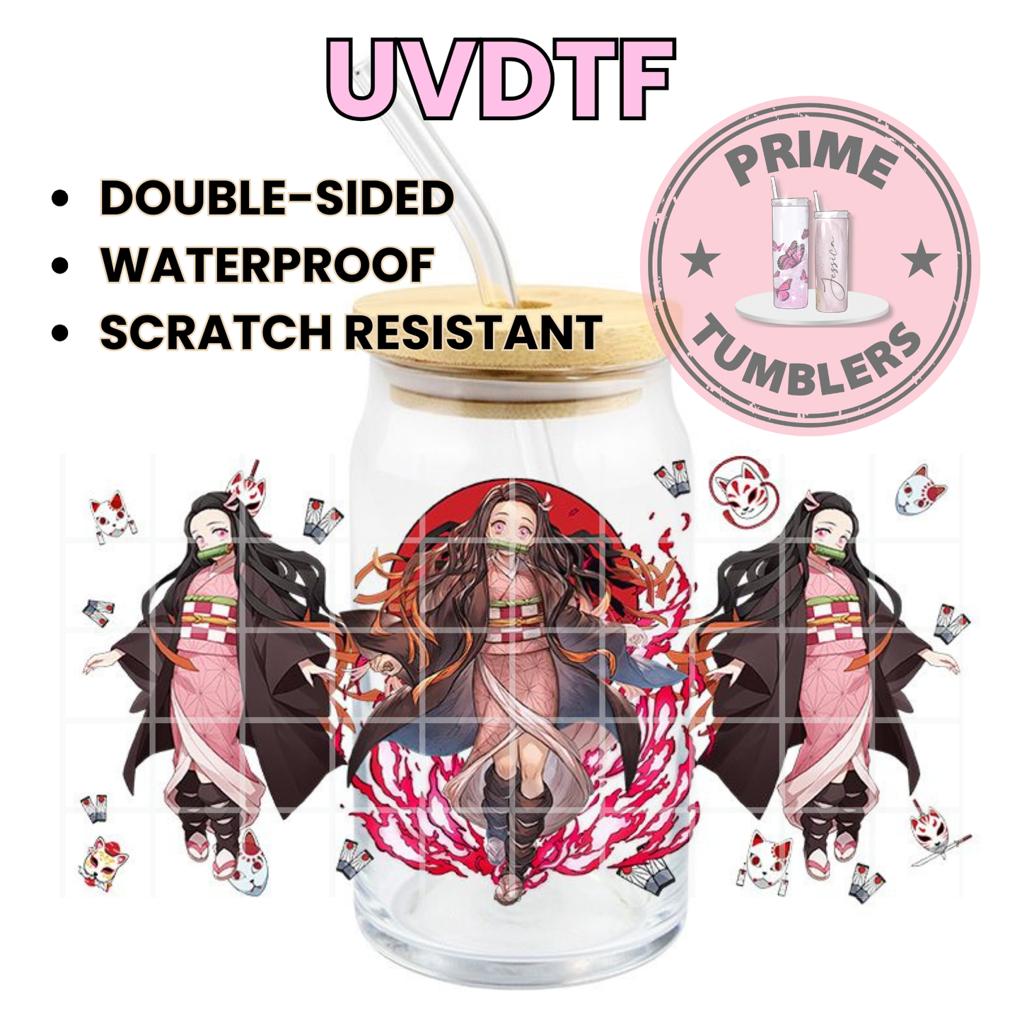 Demon Slayer: Kimetsu no Yaiba. Ready-to-press UVDTF Transfers, Cup wrap decals, Tumbler prints, 16oz Libbey Glass UV STICKERS bamboo muzzle Nezuko Kamado Japan Anime Manga