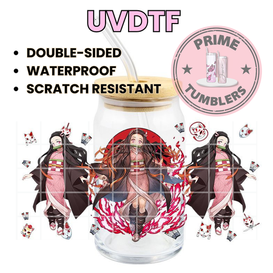 Demon Slayer: Kimetsu no Yaiba. Ready-to-press UVDTF Transfers, Cup wrap decals, Tumbler prints, 16oz Libbey Glass UV STICKERS bamboo muzzle Nezuko Kamado Japan Anime Manga